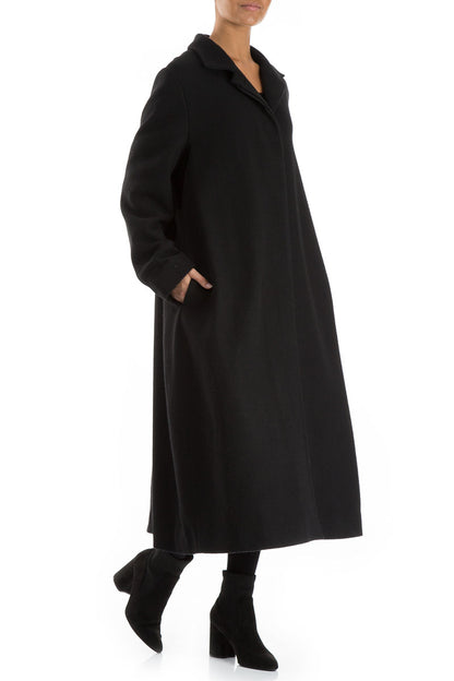 Flared Back Loose Black Wool Coat