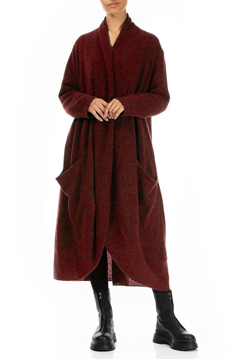 Long Open Maroon Wool Cardigan