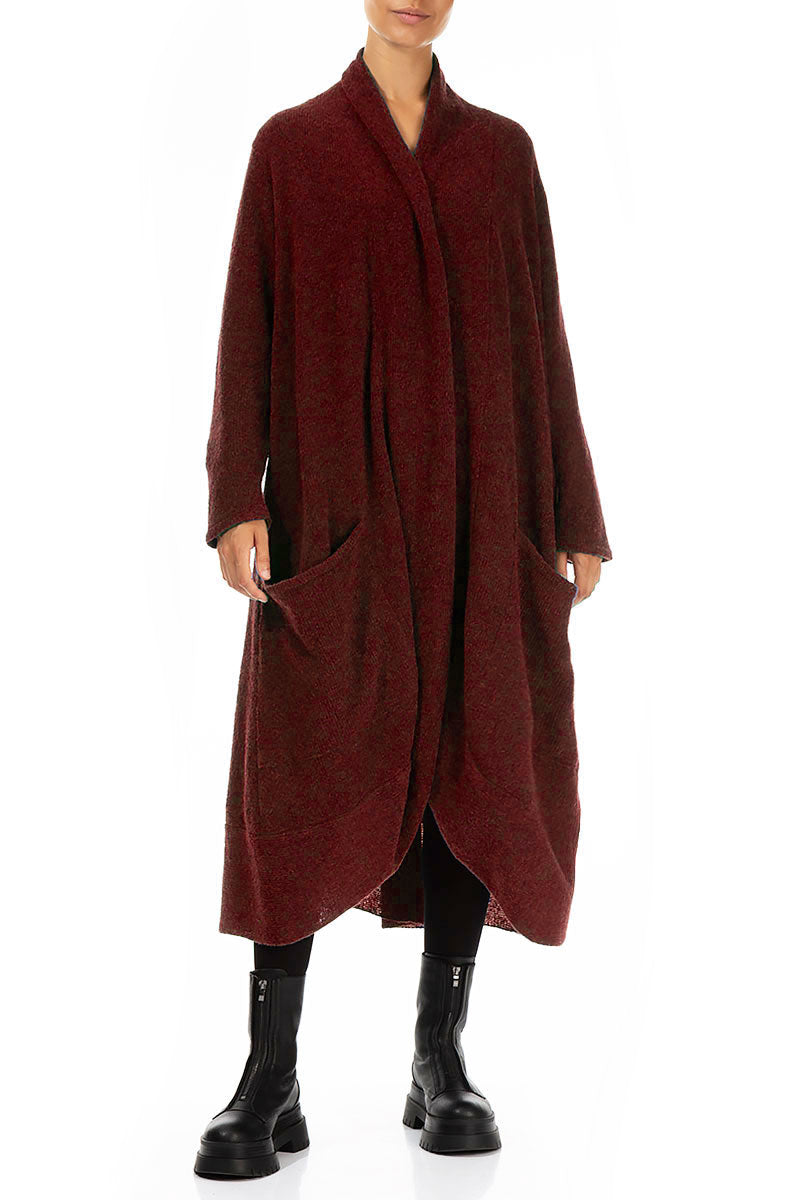 Long Open Maroon Wool Cardigan