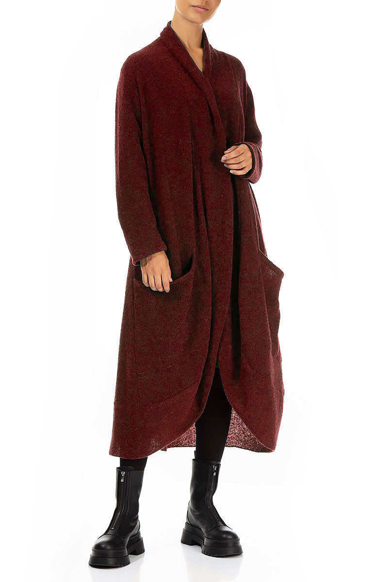 Long Open Maroon Wool Cardigan