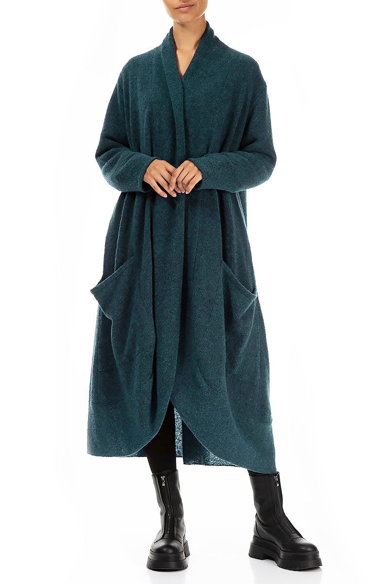 Long Open Teal Wool Cardigan