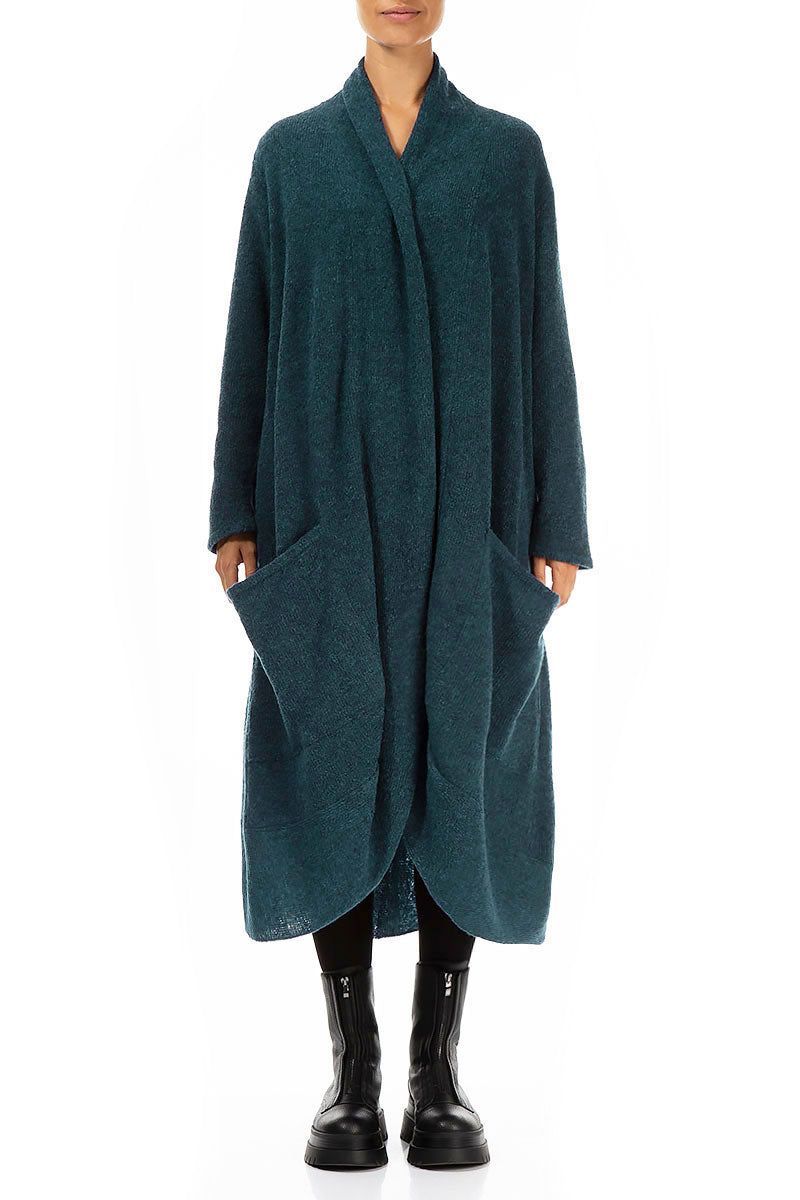 Long Open Teal Wool Cardigan