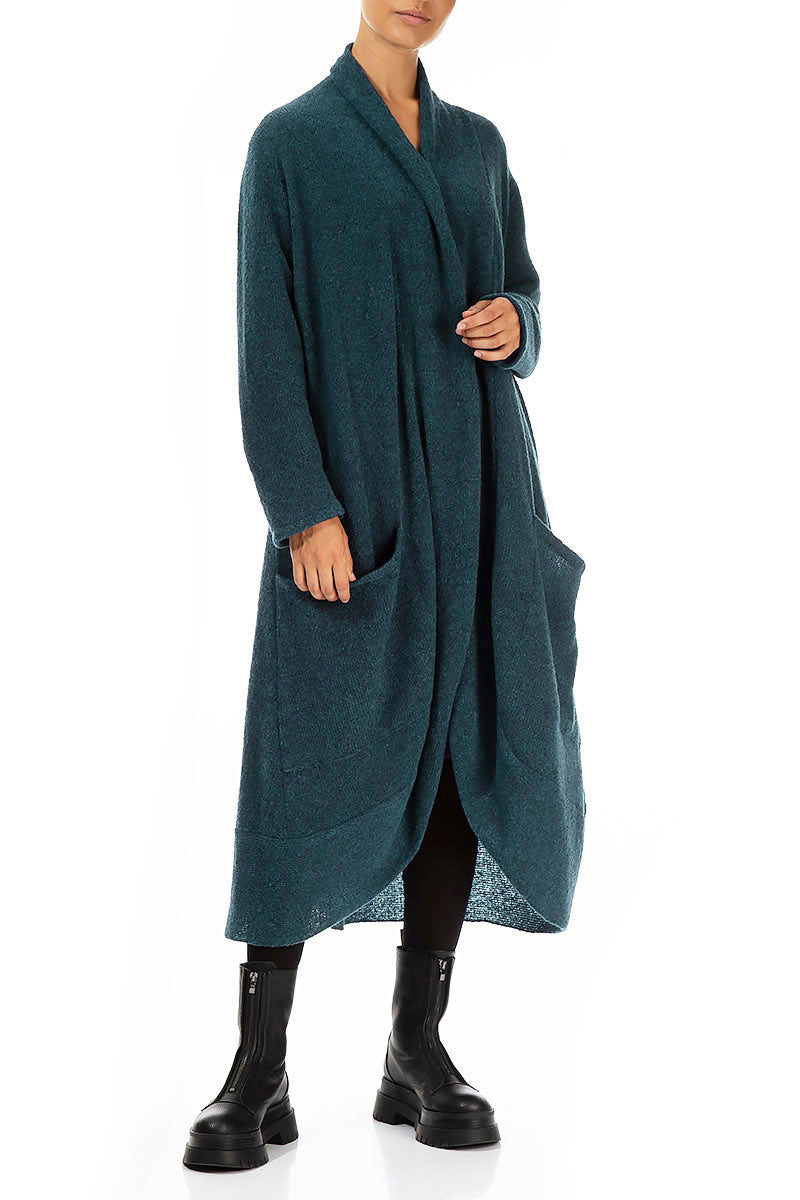 Long Open Teal Wool Cardigan