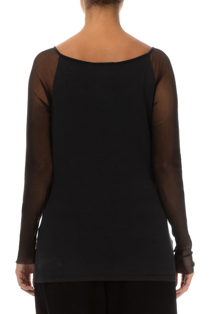 Long Tulle Sleeves Black Silk Blouse