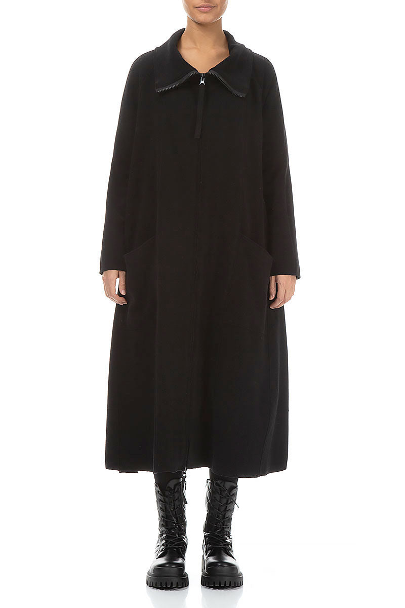 Long Zip Black Cotton Jersey Jacket - Coat