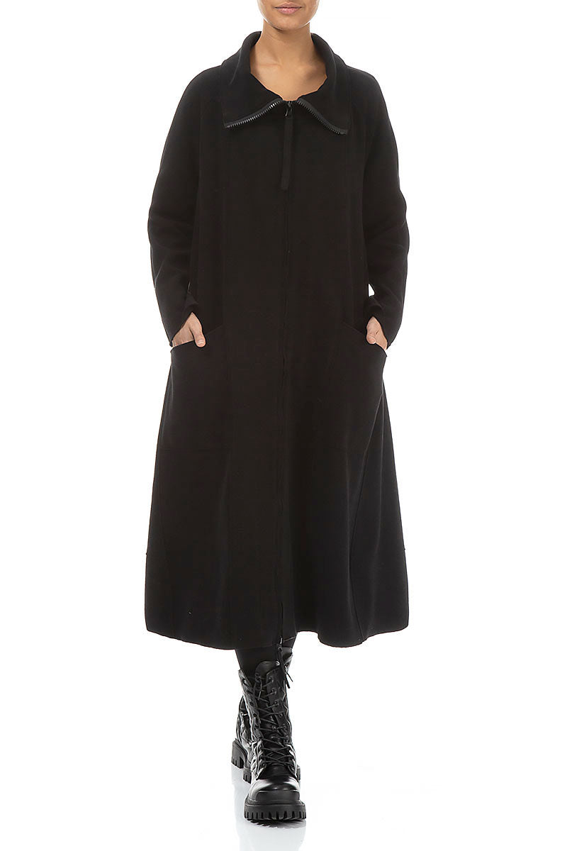 Long Zip Black Cotton Jersey Jacket - Coat