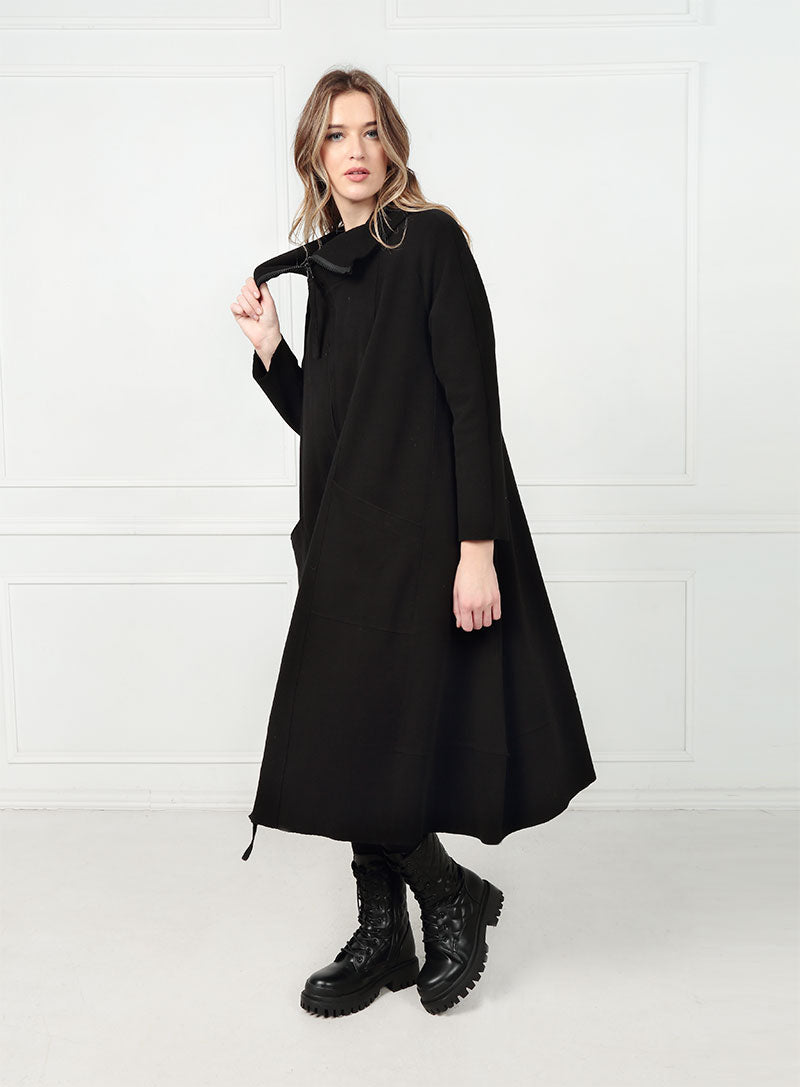 Long Zip Black Cotton Jersey Jacket - Coat