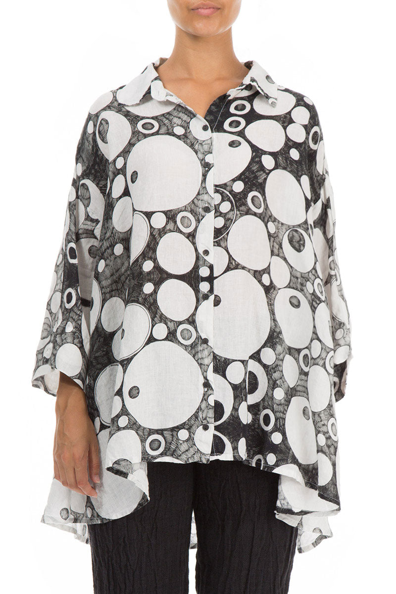 Loose Bubbles Print White &amp; Black Linen Shirt