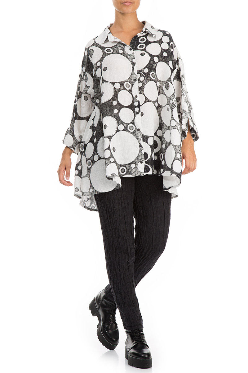 Loose Bubbles Print White &amp; Black Linen Shirt