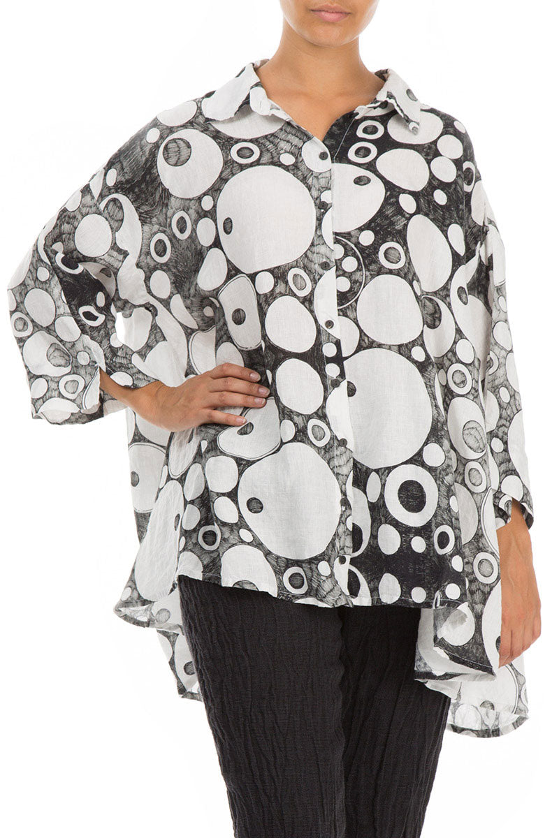 Loose Bubbles Print White &amp; Black Linen Shirt