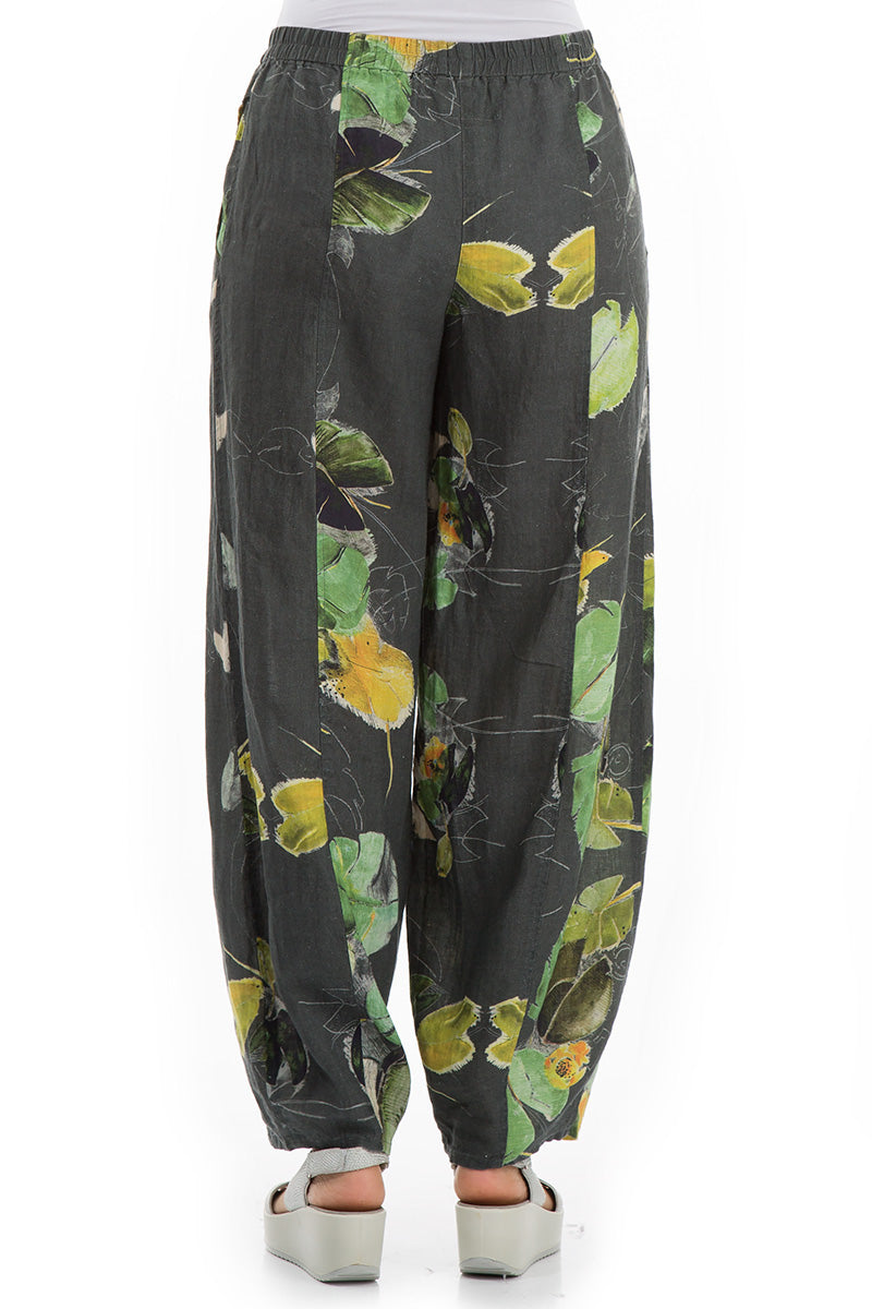 Loose Waterlilies Print Linen Trousers - GRIZAS | Natural Contemporary Womenswear
