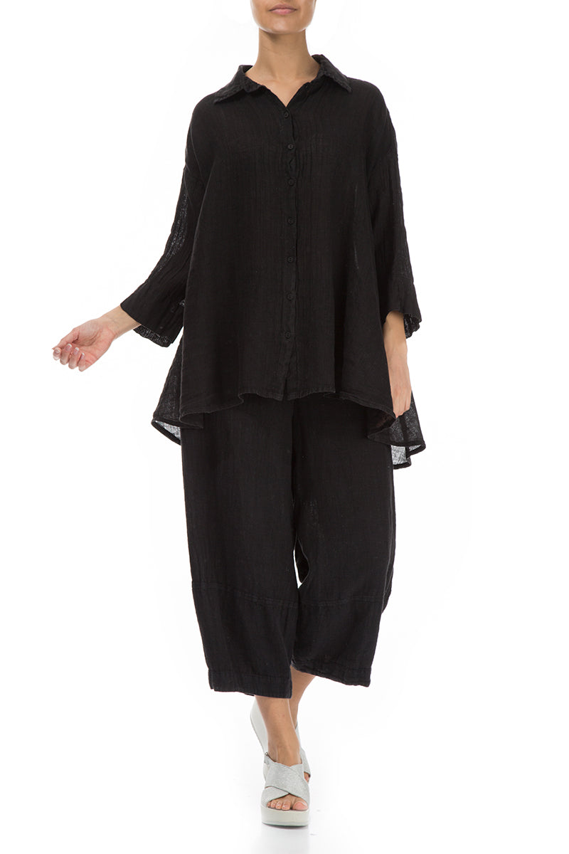 Loose Black Gauze Linen Shirt