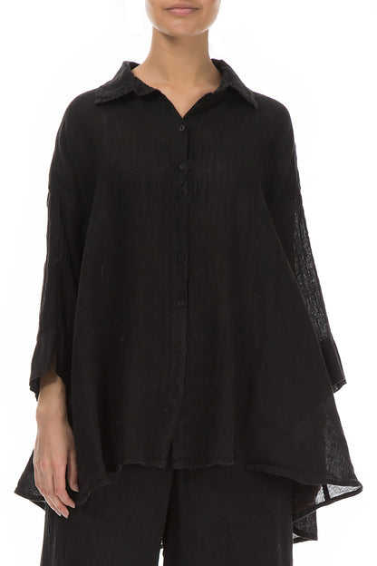 Loose Black Gauze Linen Shirt