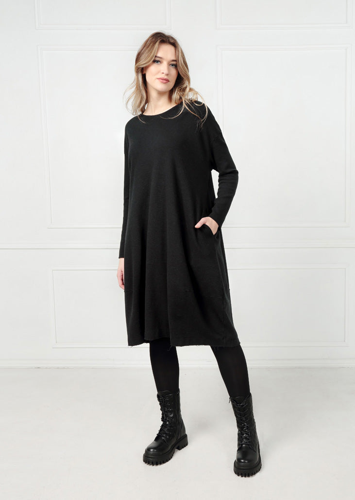 Loose Black Rib Cotton Wool Dress