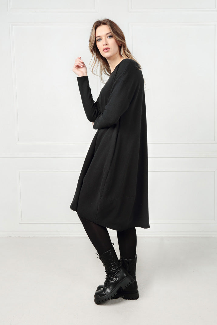 Loose Black Rib Cotton Wool Dress