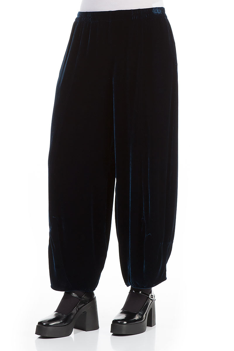 Loose Petrol Blue Silk Velvet Trousers