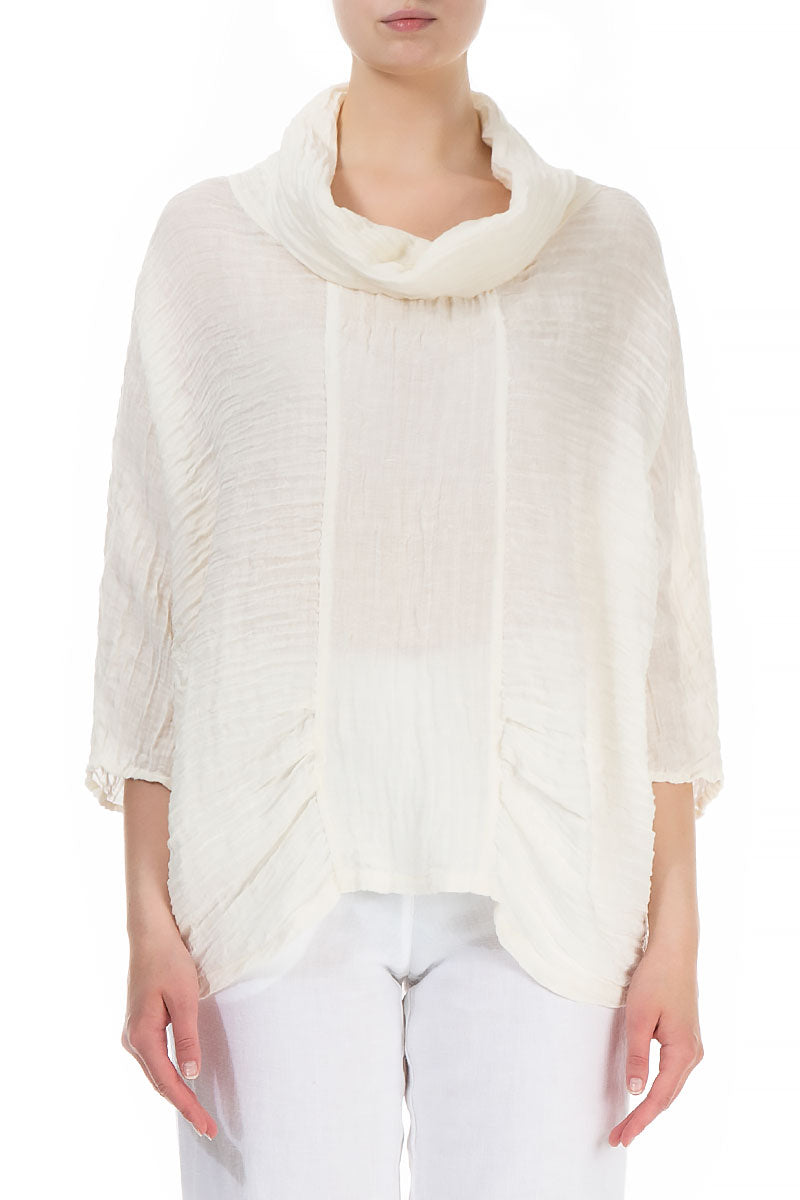 Cowl Neck Crinkled Off White Silk Blouse 1