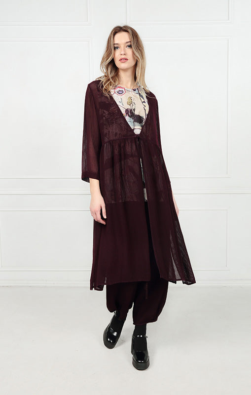 Tie Front Aubergine Mesh Silk Rayon Jacket