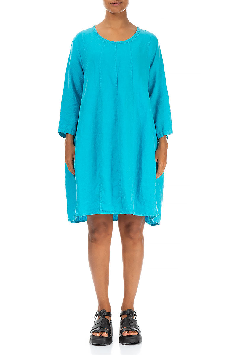 Midi Balloon Bright Turquoise Linen Dress 1