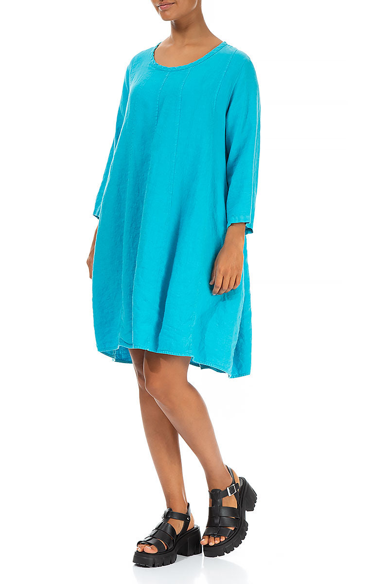 Midi Balloon Bright Turquoise Linen Dress 3