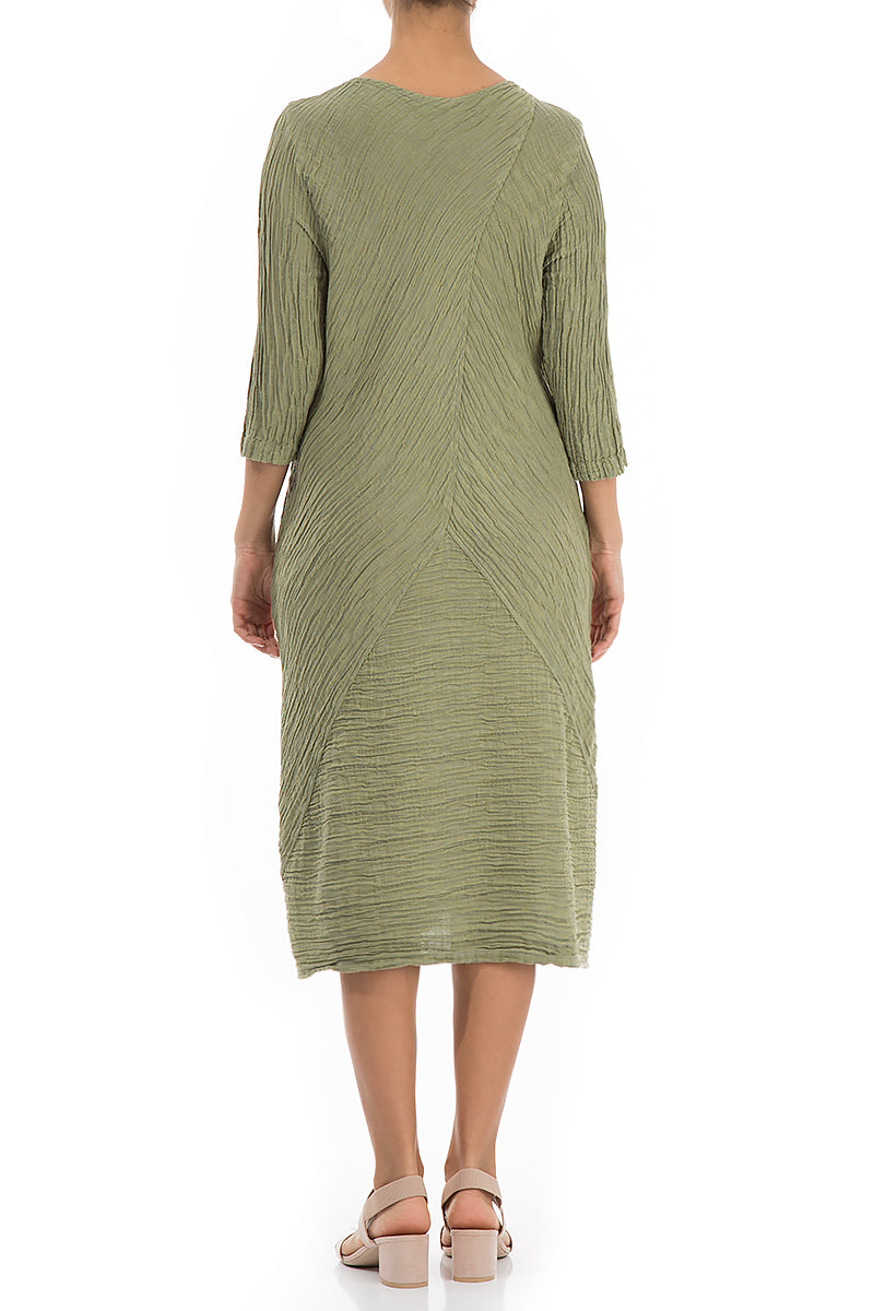 Crinkled Khaki Silk Linen Midi Dress