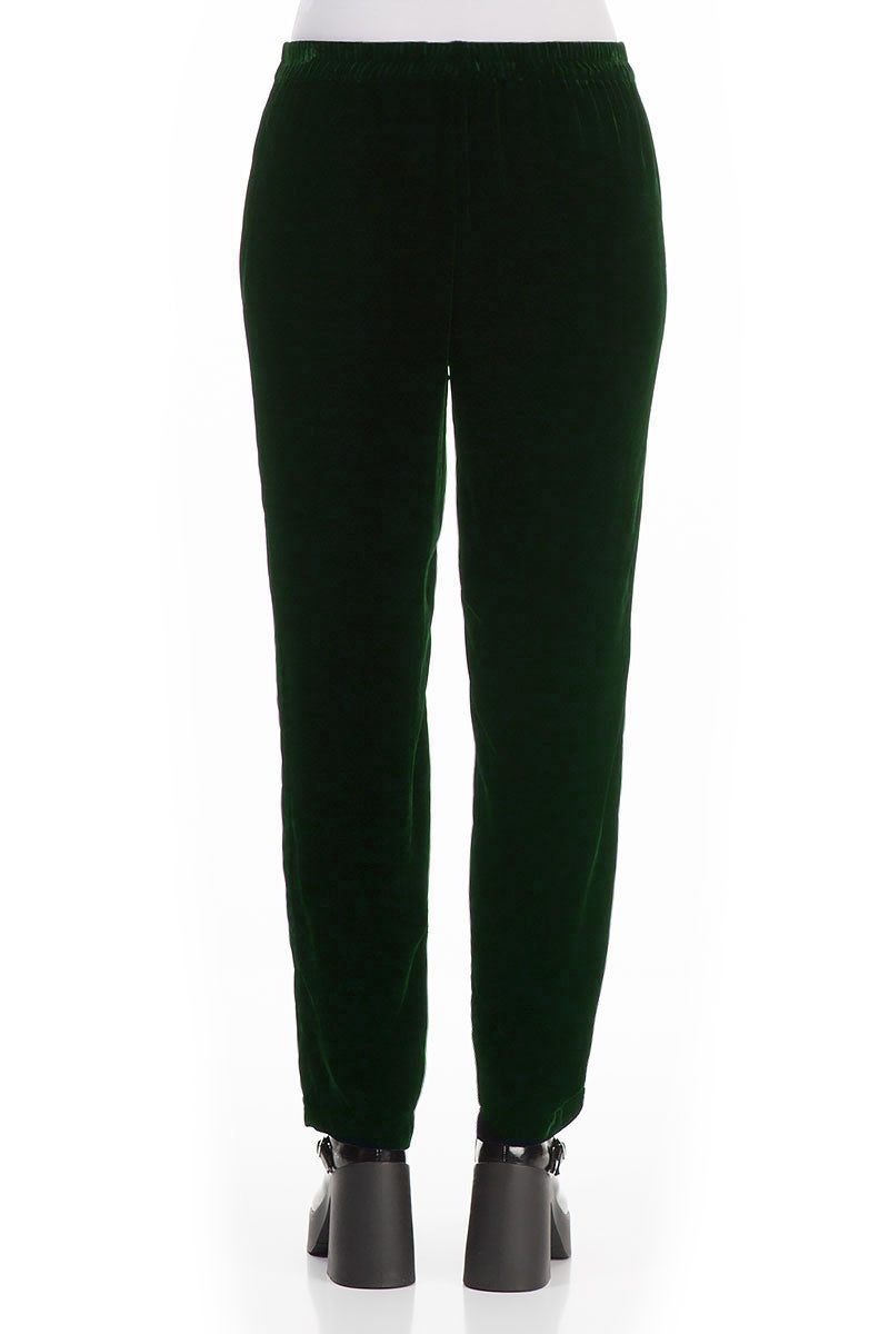 Narrow Straight Pine Green Silk Velvet Trousers