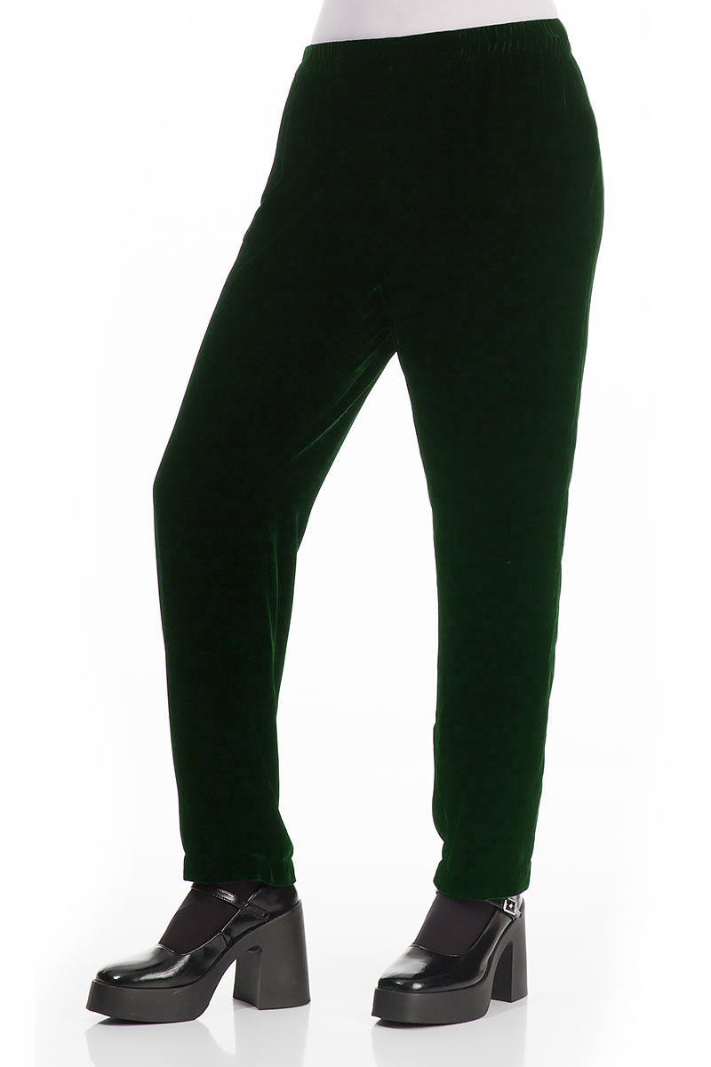 Narrow Straight Pine Green Silk Velvet Trousers