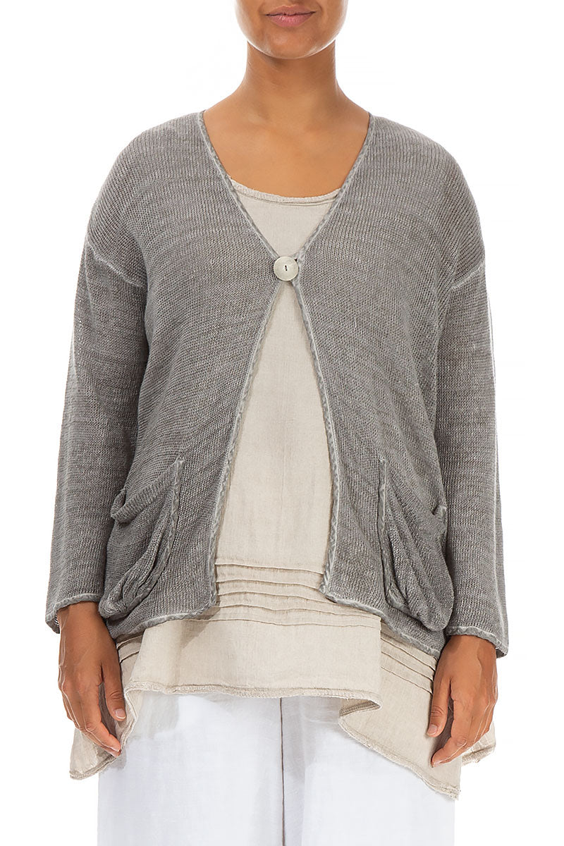 One Button Washed Effect Taupe Linen Cardigan