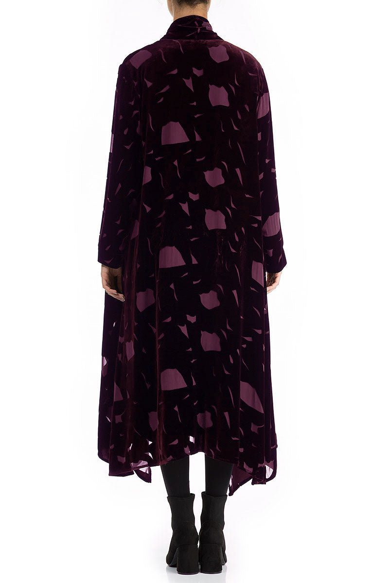 Open Devoré Burgundy Silk Velvet Maxi Jacket