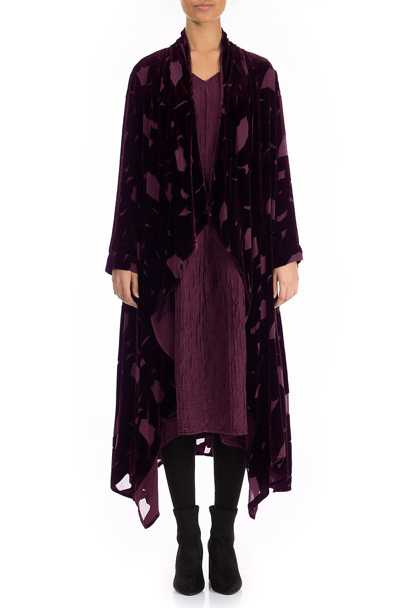 Open Devoré Burgundy Silk Velvet Maxi Jacket