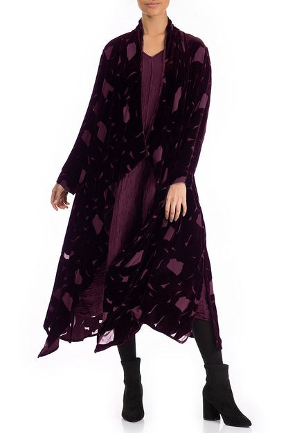 Open Devoré Burgundy Silk Velvet Maxi Jacket