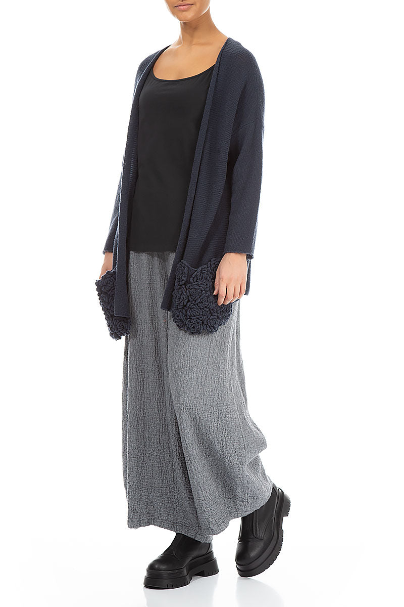 Open Flower Pockets Navy Wool Cardigan 4