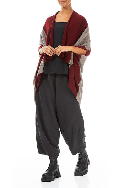 Open Reversible Maroon Beige Wool Wrap Cardigan