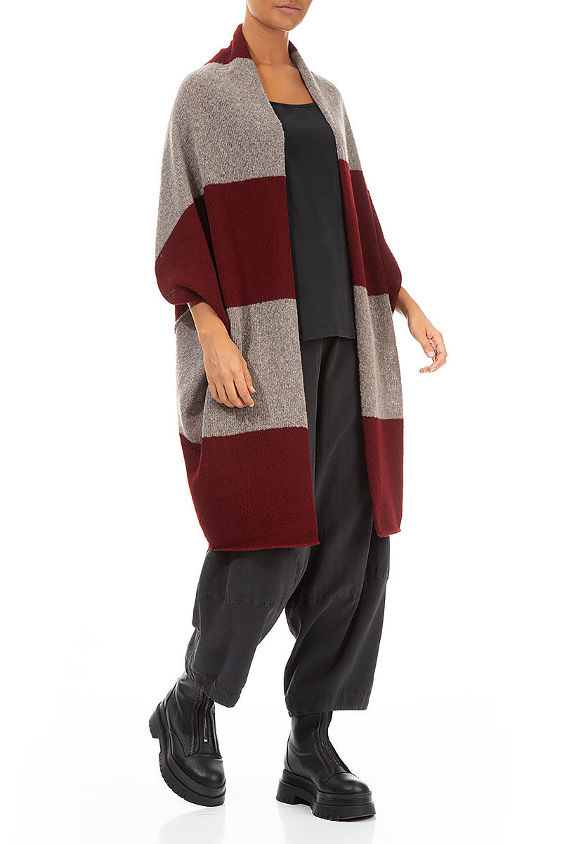 Open Reversible Maroon Beige Wool Wrap Cardigan