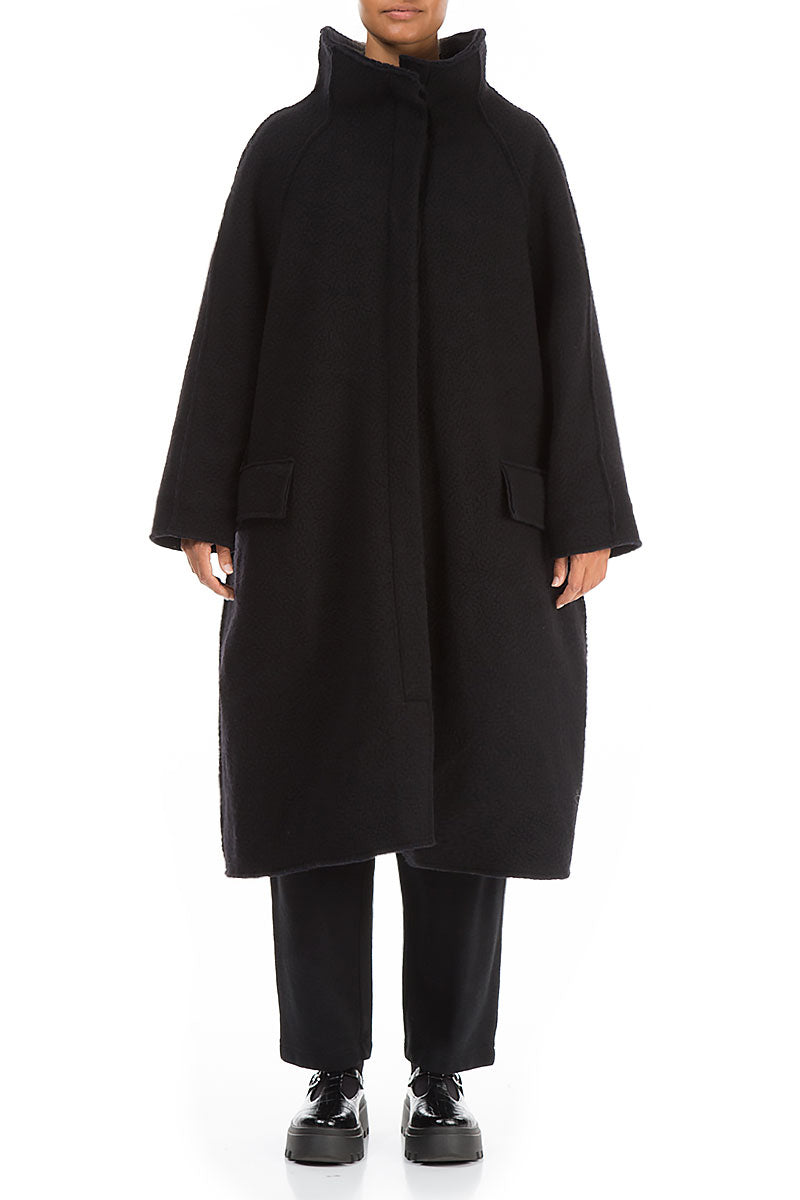 Oversized Black Plush Wool Cotton Light Coat 1
