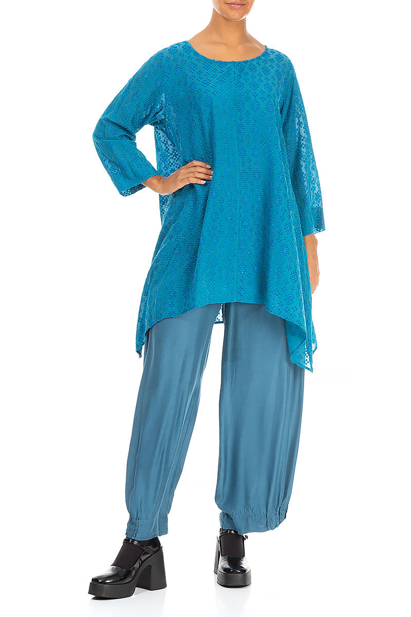 Patterned Longer Edges Blue Silk Tunic