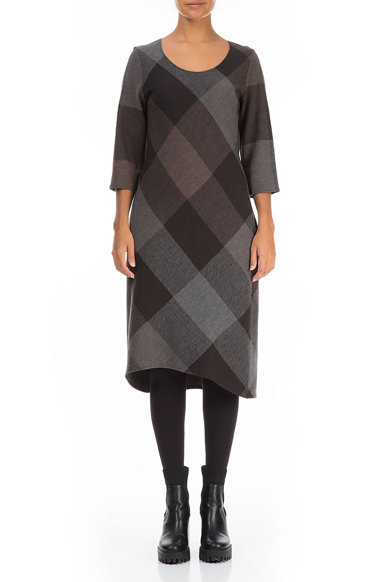 Grey Brown Checks Pure Wool Dress