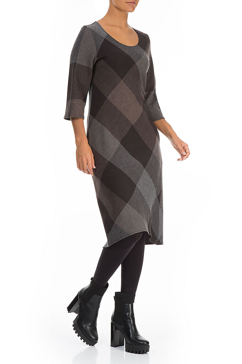 Grey Brown Checks Pure Wool Dress