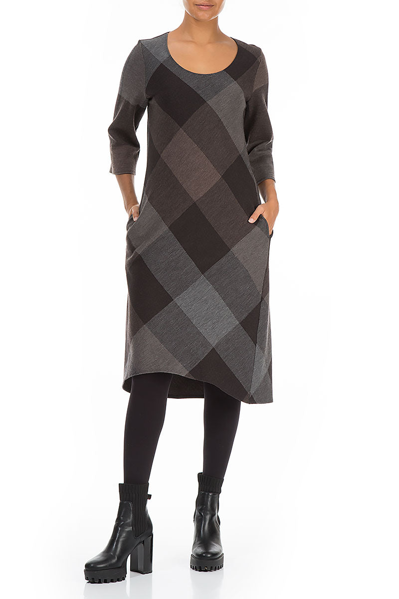 Grey Brown Checks Pure Wool Dress