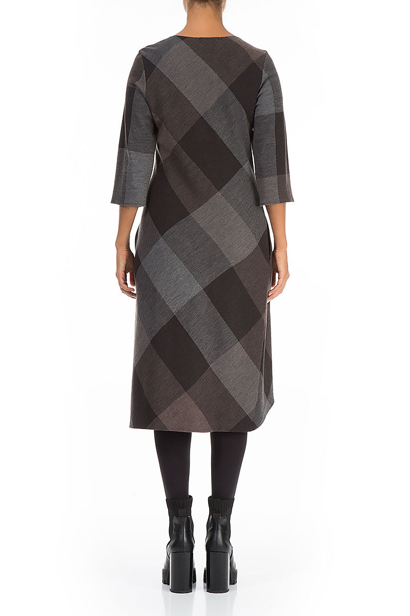 Grey Brown Checks Pure Wool Dress