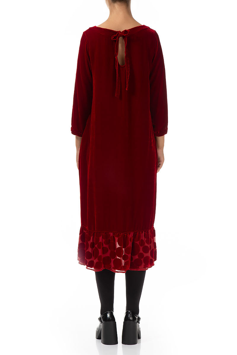 Decorated Hem Red Silk Velvet Dress