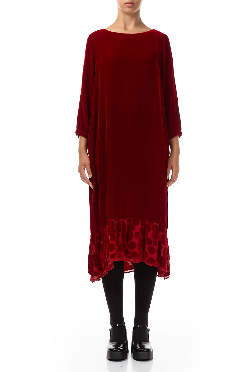 Decorated Hem Red Silk Velvet Dress