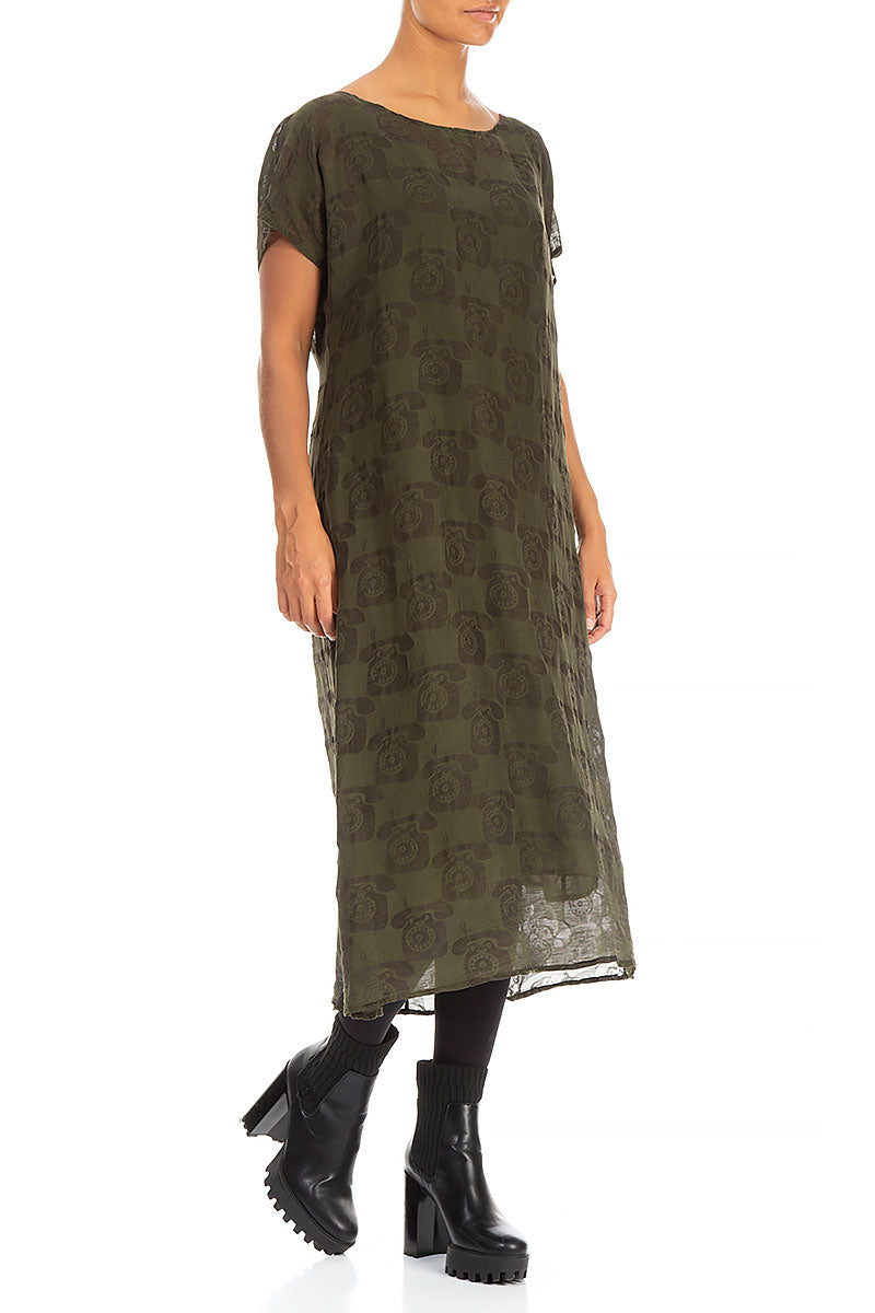 Phone Print Khaki Silk Linen Dress