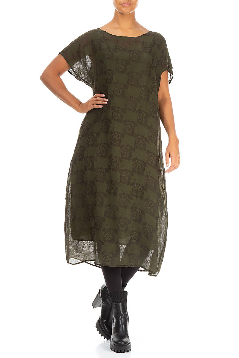 Phone Print Khaki Silk Linen Dress