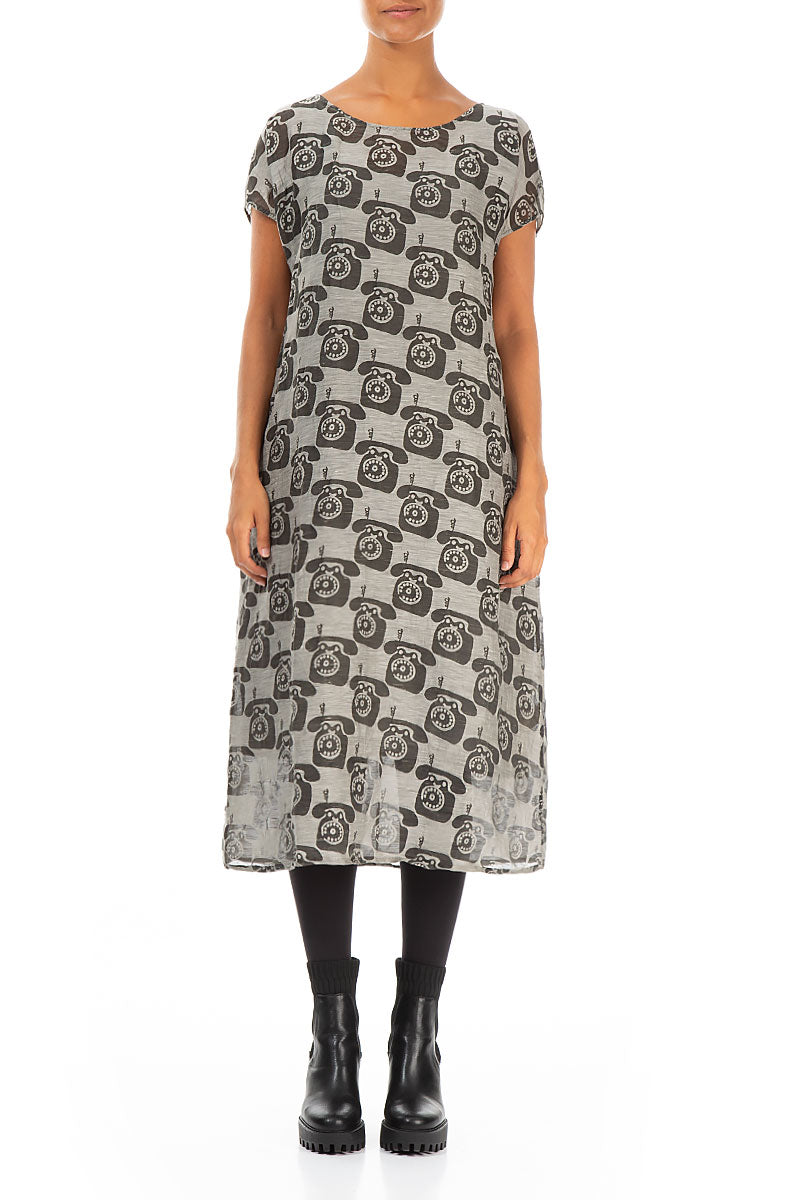 Phone Print Pearl Silk Linen Dress