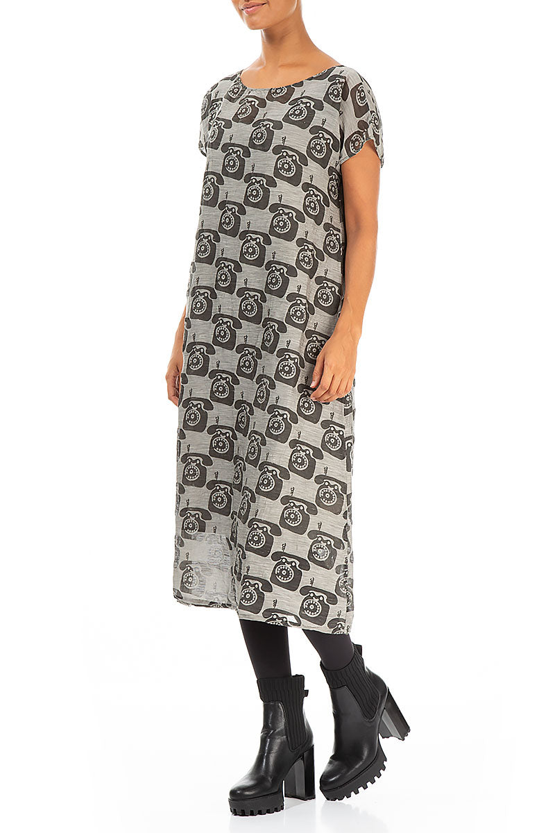 Phone Print Pearl Silk Linen Dress