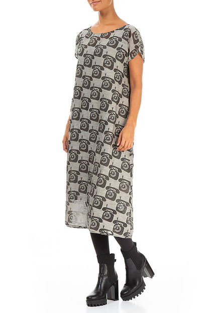 Phone Print Pearl Silk Linen Dress