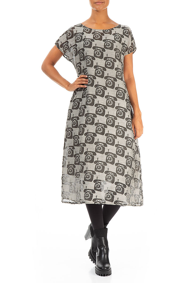 Phone Print Pearl Silk Linen Dress