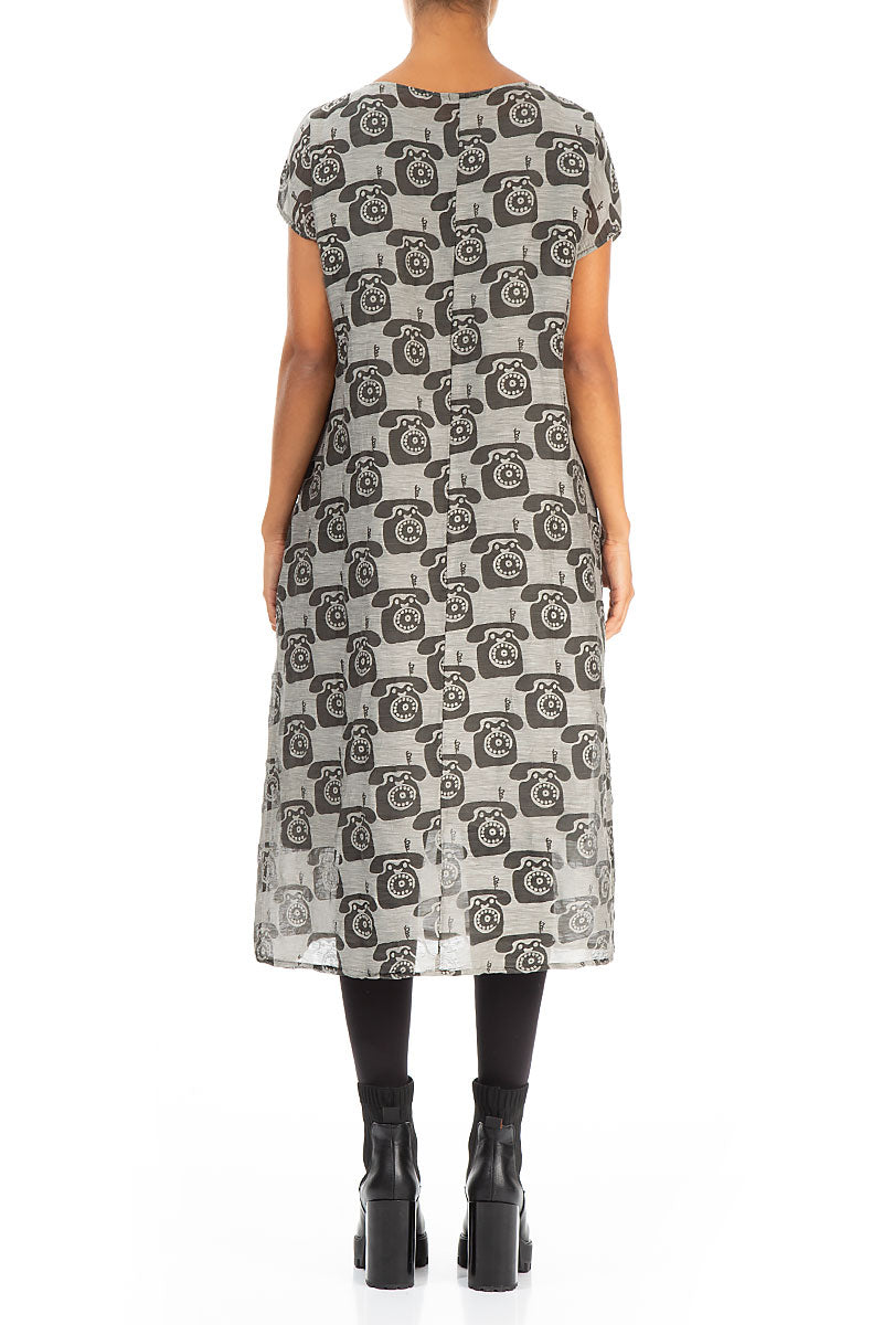 Phone Print Pearl Silk Linen Dress