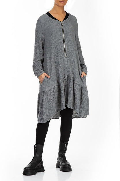 Ruffle Hem Grey Wool Bomber Dress